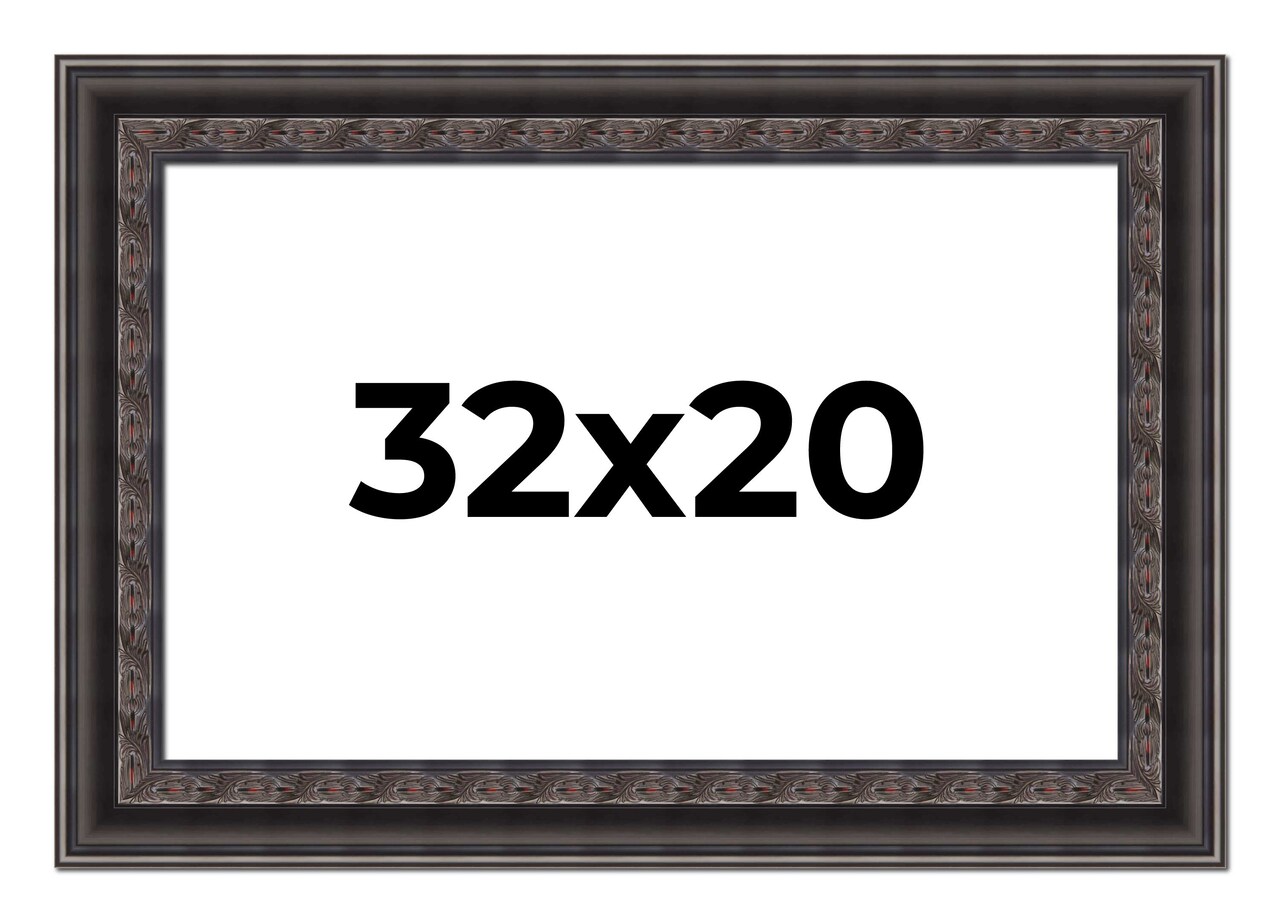 32x20 3.5" Wide Ornate Black Picture Frame - UV Acrylic, Foam Board Backing, Hanging Hardware